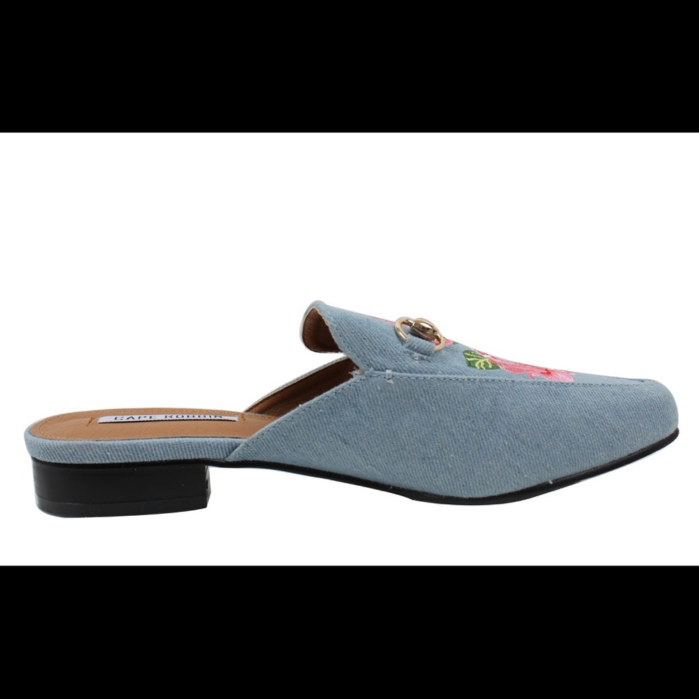 Denim blue Floral Embroidered Slip on Mules - Picture 4 of 7
